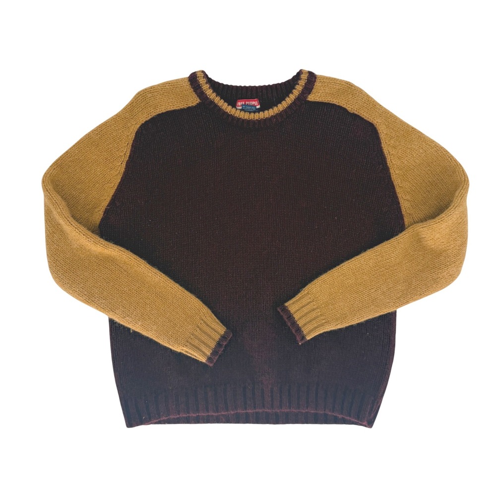 Free People Knit Wool Raglan Sweater Women M Burgundy Mustard Yellow Vintage 80s